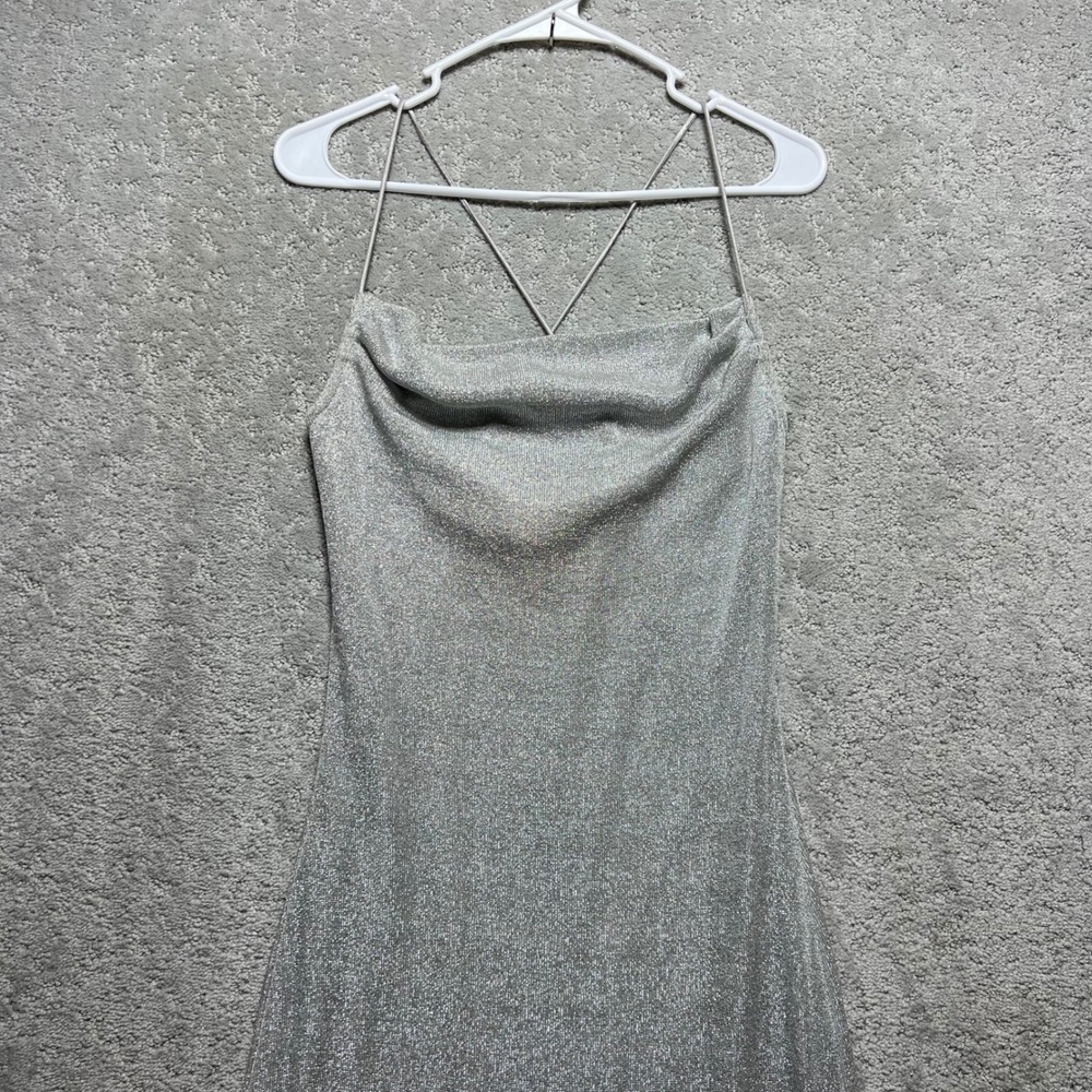 VINTAGE Evolution Not Revolution Slip Dress Womens M Silver Metallic  Side Slit